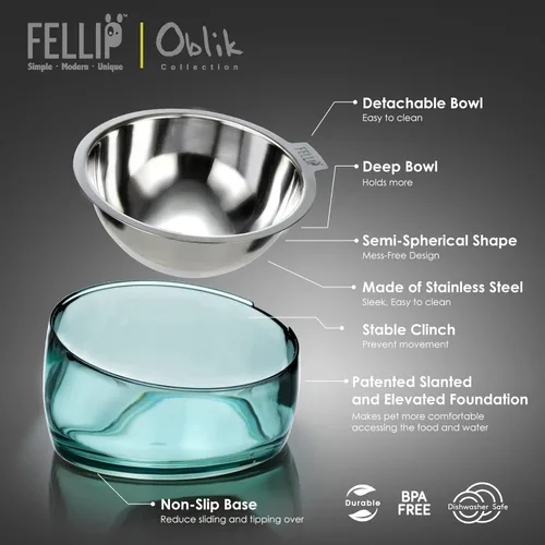 Miniatura 2 de Felli Oblik - Comederos elevados de acero inoxidable para perros pequeños de patas cortas, tazón de comida y agua, recipiente removible apto