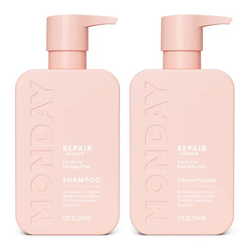 MONDAY HAIRCARE Juego de champú y acondicionador reparador (12 onzas) para cabello seco a dañado hecho con queratina, aceite de coco, manteca de