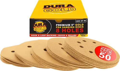 Miniatura 12 de Dura-Gold Discos de papel de lija premium de grano 220 de 5 pulgadas, patrón de 8 agujeros, sin polvo, 50 discos, soporte de gancho y bucle