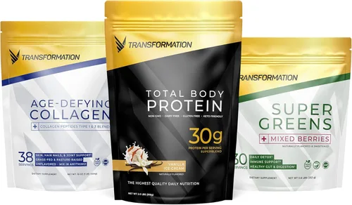 Transformation Vanilla Protein Powder | Supermezcla multiproteína de 1.06 oz + péptidos de colágeno hidrolizados alimentados con pasto en polvo,