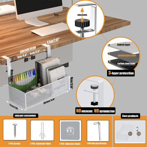 Miniatura 6 de orbixa Organizador de almacenamiento para debajo del escritorio, malla de metal 3 en 1, almacenamiento lateral de escritorio, uso en el escritorio