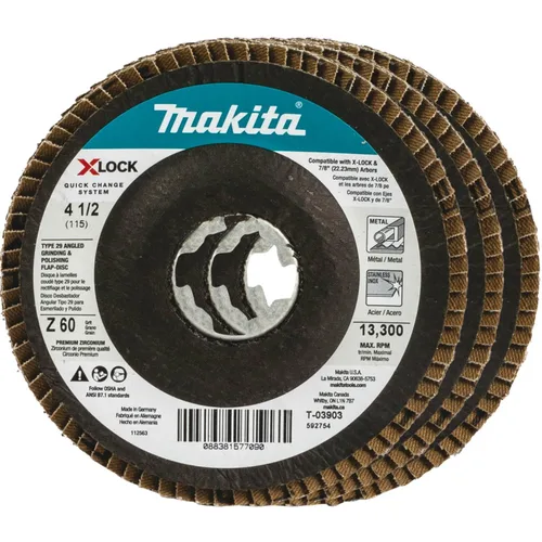 Makita T-03903-3 X-Lock 4‑1/2" 60 Grit Type 29 Disco de pulido y pulido en ángulo X-Lock y todas las amoladoras de eje de 7/8", paquete de 3