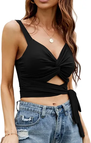 Miniatura 4 de LYANER Camiseta sin mangas con cuello en V profundo, nudo torcido, cintura hueca, corbata
