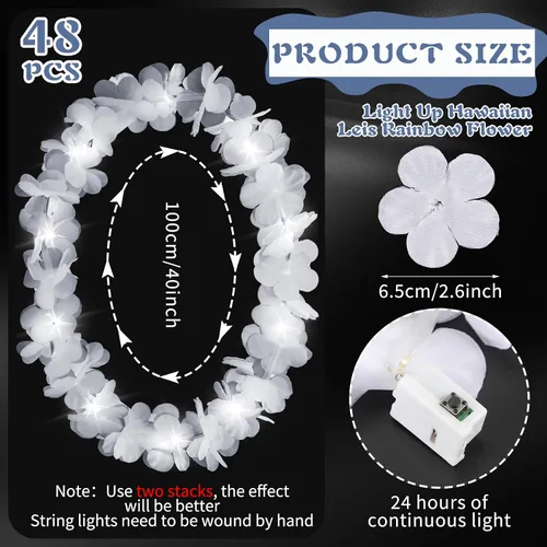Miniatura 3 de Sherr 48 piezas Collares de flores de lei hawaianas LED con luces LED, collares de flores de luau para fiesta temática tropical, playa, boda