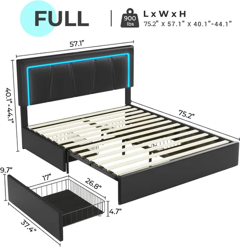 Miniatura 6 de Hasuit Marco de cama Full con 4 cajones de almacenamiento debajo, cama de plataforma tapizada tamaño Full con cabecera de cuero artificial, cama