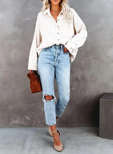 Miniatura 9 de Astylish - Camisas de pana para mujer, blusa informal de manga larga con botones
