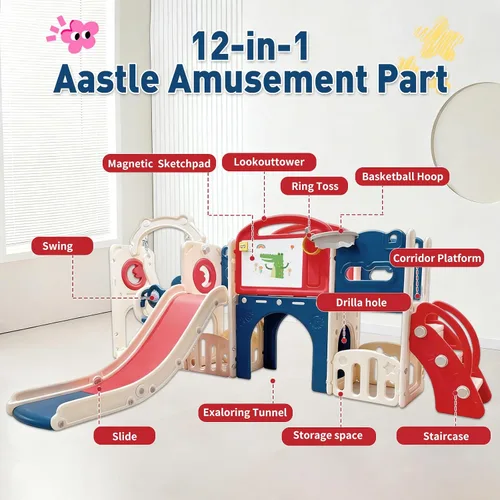 Miniatura 3 de Set de juego de 12 en 1 para niños pequeños al aire libre con tobogán, parque infantil para niños pequeños y juego de columpios, juego de escalador