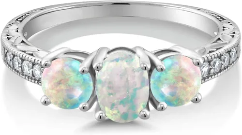 Miniatura 2 de Gem Stone King Anillo de compromiso de 3 piedras preciosas de oro blanco de 10 quilates con piedra natal y diamantes cultivados en laboratorio