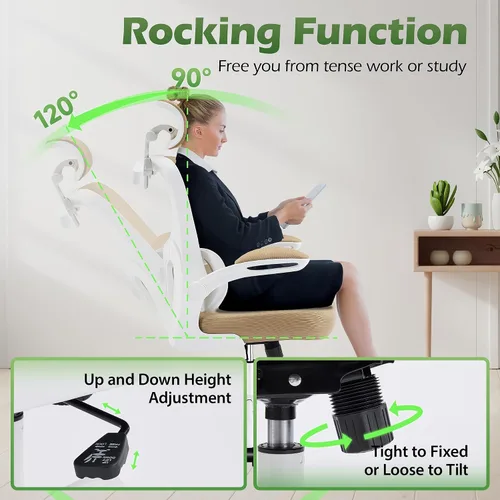 Miniatura 7 de AreShark Silla de Oficina Ergonómica con Soporte Lumbar Ajustable y Gancho para Reposacabezas, Silla de Malla Transpirable de Respaldo Alto con Caqui