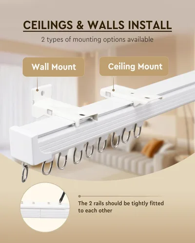 Miniatura 3 de Juego de rieles de cortina de techo, montaje en techo o pared de 6 pies a 9 pies, rieles de cortina de aluminio resistentes, rieles de cortina Blanco
