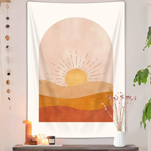 DYNH Tapiz vertical de sol bohemio, tapiz bohemio de desierto de montaña para colgar en la pared para dormitorio, tapiz minimalista amarillo, póster