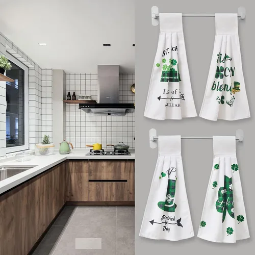 Miniatura 3 de Toallas Colgantes de Trébol del Día de San Patricio para Cocina Juego de 4 Toallas de Mano con Lazo para Decoración de Cocina y Baño, Tréboles