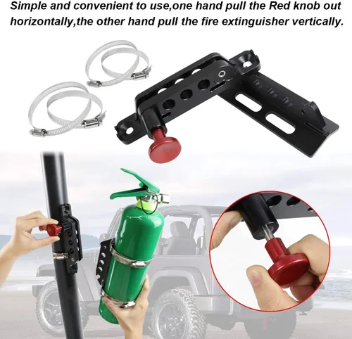 Miniatura 4 de Barra antivuelco de liberación rápida para extintor de incendios, soporte de montaje para extintor compatible con Jeep Wrangler Gladiator Ford Negro