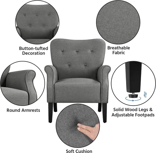 Miniatura 5 de Topeakmart Silla decorativa de tela, sillón moderno de poliéster con patas de madera, respaldo alto y cómodo asiento acolchado para sala de estar