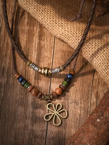 Miniatura 6 de MINACHI Layered Boho Wood Bead Choker Necklace, Hollow Flower Charm, Personality Jewelry for Men and Women