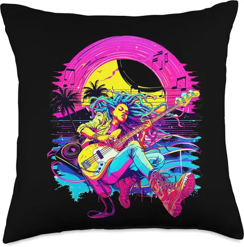 Miniatura 4 de Retro 80's 90's streetwear synthwave Guitar lady Guitarist Throw Pillow