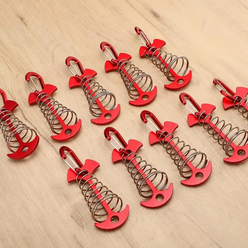 Miniatura 7 de TOBWOLF 10 clavijas de anclaje de cubierta rojas con mosquetones, estacas de aluminio resistentes al viento para tienda de campaña, anclajes de Rojo
