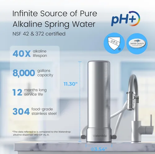 Miniatura 5 de Waterdrop – Filtro de agua alcalino para grifo de fregadero, sistema de encimera certificado NSF/ANSI 42, acero inoxidable de 5 etapas, 8000