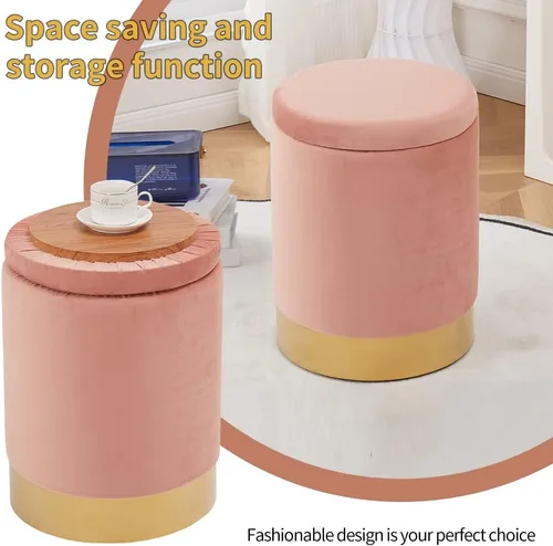 Miniatura 4 de Otomán de Almacenamiento de Terciopelo Reposapiés Taburete Multiusos con Base de Metal Taburete Moderno Redondo para Tocador Silla Otomán Reposapiés