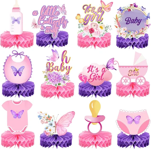 Honoson 12 piezas de decoraciones de mariposa para baby shower para niña, centros de mesa de nido de abeja, suministros de fiesta de revelación de