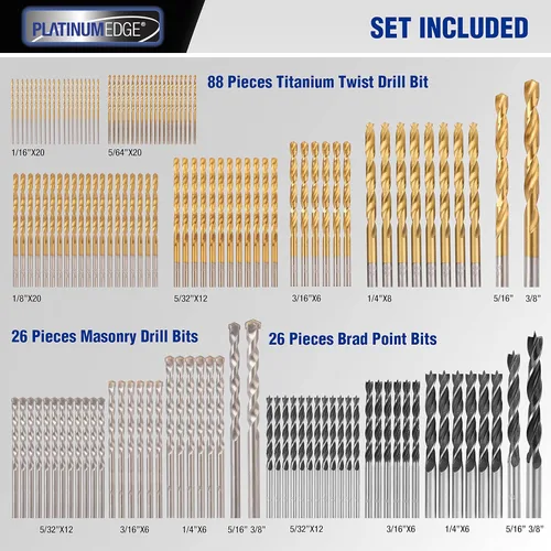 Miniatura 2 de PLATINUMEDGE Juego de brocas multiuso de 140 piezas, 88 brocas de titanio con giro 26 brocas de mampostería para ladrillo, concreto 26 brocas