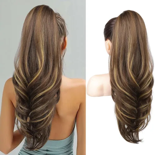 Miniatura 10 de SEIKEA Extensión de cola de caballo versátil con cordón, 26" de largo, cabello ondulado multicapa, clip para cola de caballo, extensiones de pelo