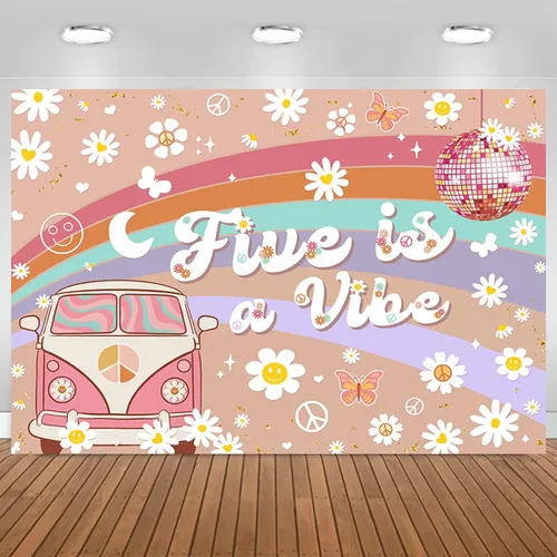Five is a Vibe Girl - Fondo de fotografía para fiesta de cumpleaños de 5 años, diseño de arco iris rosa, flores blancas pequeñas, telón de fondo de