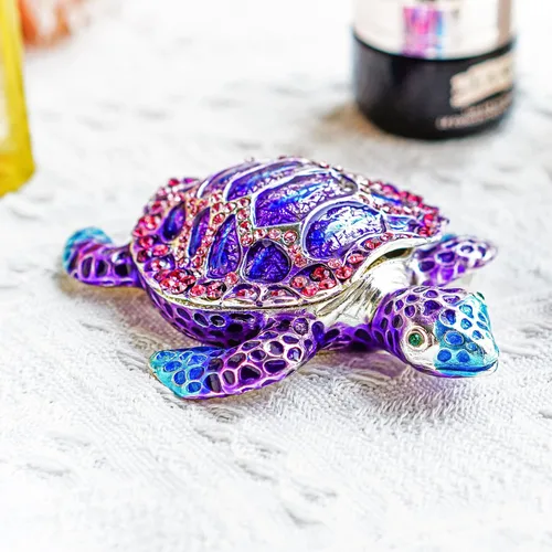 Miniatura 4 de YU FENG Caja de joyería de figura de tortuga marina con bisagras coleccionables de cristal con bisutería decorativa de tortuga de animales (morado)