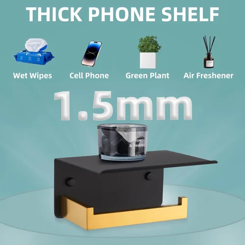 Miniatura 4 de Soporte de papel higiénico con estante para teléfono, color negro y dorado, dispensador de rollos de papel de acero inoxidable APLusee 304