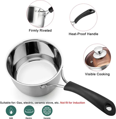 Miniatura 2 de TeamFar Cacerola de 1 cuarto de galón y 2 cuartos de galón con tapa, olla pequeña de cocción de acero inoxidable, cacerola para leche y salsas