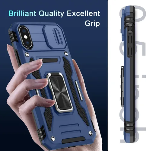 Miniatura 156 de DEERLAMN Funda para iPhone Xs Max con funda deslizante para cámara + protector de pantalla, soporte giratorio de anillo de grado militar a prueba