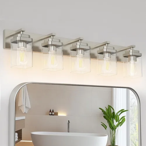 Miniatura 21 de Lámparas de baño de oro cepillado, 4 luces de baño sobre el espejo, diseño cuadrado y placa trasera grande rectangular, accesorios de iluminación