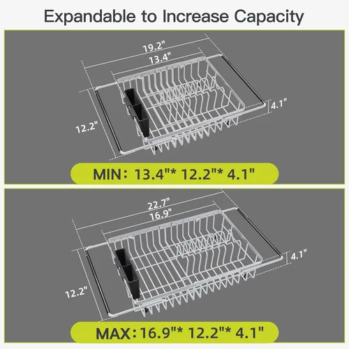 Miniatura 4 de JASIWAY - Escurridor extensible de acero inoxidable para usar sobre y dentro del fregadero, retráctil, con portautensilios, 13.1-16.6 pulgadas