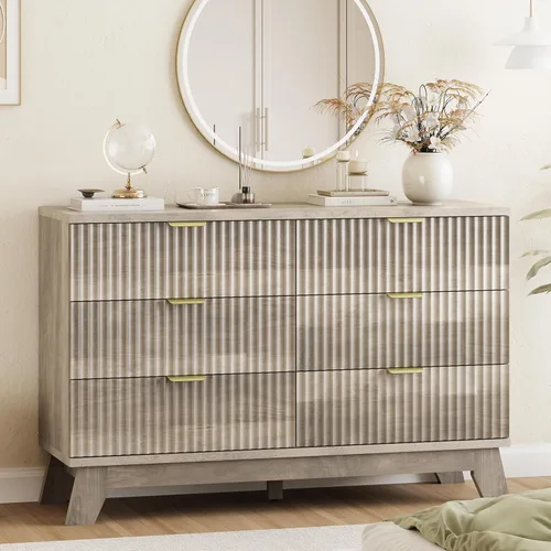 Miniatura 27 de Xixini - Cómoda moderna de madera acanalada para dormitorio, sala estar, pasillo o armario, para organizar y almacenar ropa o soporte de TV, 6 Roble
