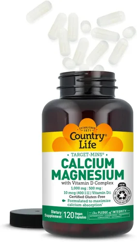 Miniatura 8 de Country Life Target-Mins - Calcio y magnesio con complejo de vitamina D, 1000 mg/500 mg/10 mcg, 120 cápsulas veganas, certificado sin gluten