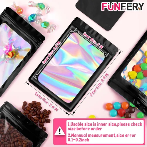 Miniatura 2 de FUNFERY 100 piezas de bolsas resellables transparentes holográficas, bolsas de embalaje a prueba de olores, bolsas de almacenamiento de alimentos