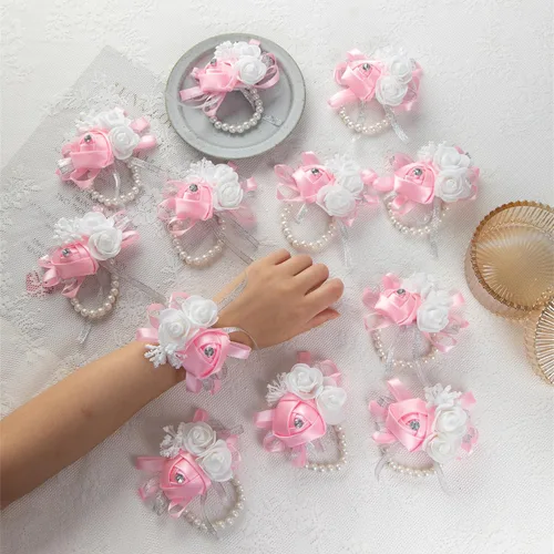 Miniatura 10 de 12 unids/lote mujeres novia novia dama de honor muñeca ramillete seda rosa perlas niñas boda mano flores decoración fiesta (verde)
