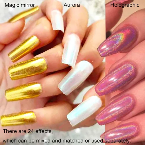 Miniatura 6 de Juego de 2 cajas de 24 colores holográficos cromados para uñas Nail Powders Laser Shining Glitter Metallic Mirror Effect Holographic Aurora