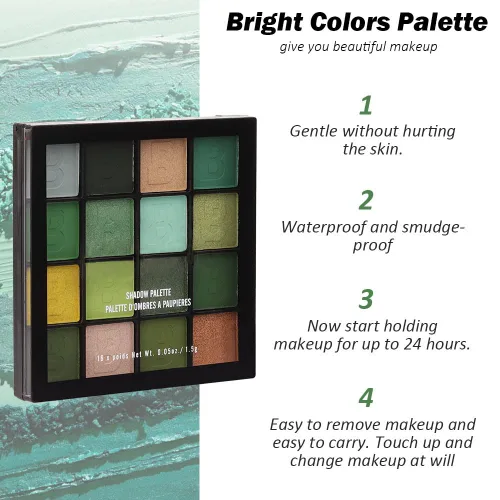 Miniatura 6 de evpct - Paleta de sombras de ojos con purpurina verde de 16 colores, maquillaje a prueba de agua, verde oscuro, verde claro, amarillo, naranja