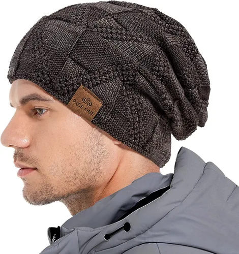 Miniatura 2 de PAGE ONE Mens Winter Slouchy Beanie Warm Fleece Lined Skull Cap Baggy Cable Knit Hat