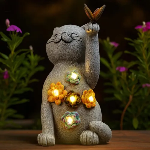 Ocultador de Llave al Aire Libre Figura de Gato Ocultadores de Llave Exteriores Estatuas de Gato de Jardín de Resina con Luz Solar Decoraciones para