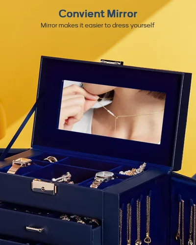 Miniatura 61 de Homde Regalos de Navidad de cuero sintético, enorme joyero, organizador de reloj con espejo, collar, anillo y aretes, estuche de regalo con Dorado