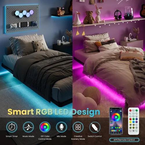 Miniatura 4 de SHA CERLIN Marco de cama flotante tamaño twin con luces LED inteligentes y estación de carga, cama de plataforma de metal resistente con diseño