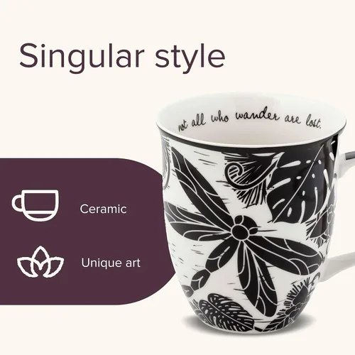 Miniatura 7 de Karma Taza bohemia de 16 onzas con diseño de mariposa y libélula en blanco y negro, bonita taza de café y té, cerámica, 16 onzas, redonda