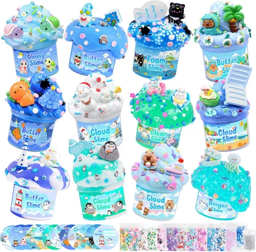 Paquete de 12 slimes, kit de limo azul, limos de mantequilla transparentes, slime de nube, kit de bricolaje esponjoso para niñas y niños, regalos de