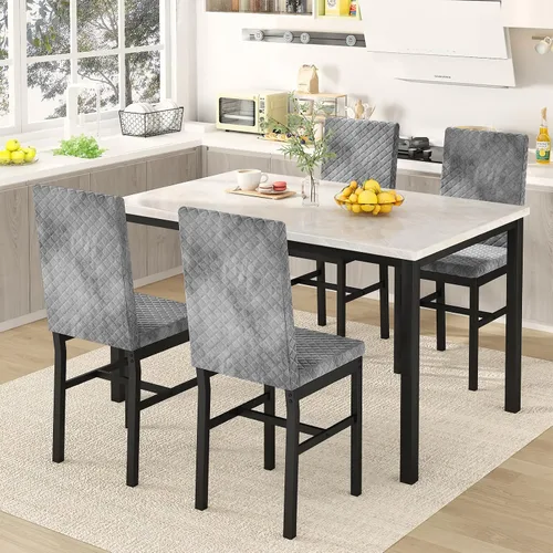 Miniatura 8 de Hooseng Juego de mesa de comedor para 4 mesas de comedor de 5 piezas de mármol sintético con 4 modernas sillas tapizadas de terciopelo para espacios