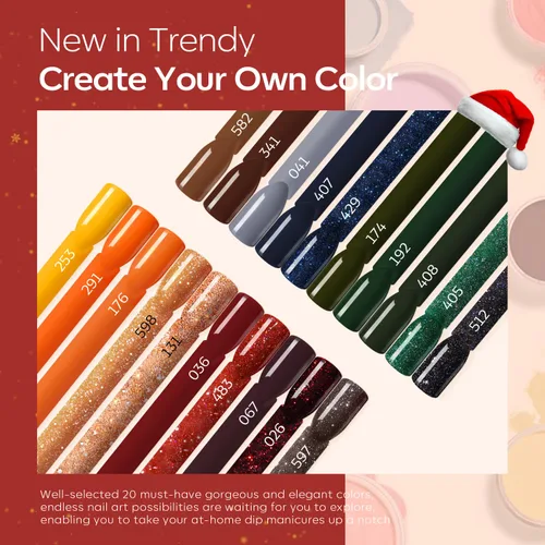 Miniatura 6 de Modelones Kit de uñas en polvo de inmersión de Navidad, 20 colores, rojo, verde, marrón, naranja, brillante, juego de iniciación de polvo de A-Kit