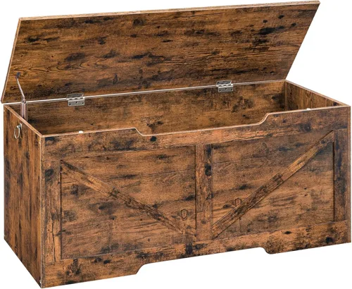 Miniatura 17 de HOOBRO Banco de almacenamiento, baúl de almacenamiento de madera retro de 39.4 pulgadas con tirador recortado en forma de U, bisagra de seguridad