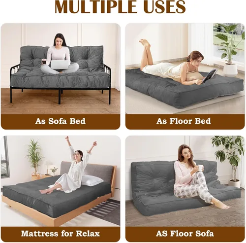 Miniatura 6 de Colchón futón de 8 pulgadas, tamaño Queen, 60 x 80 pulgadas, sofá cama de futón grueso para adultos, colchón futón de terciopelo relleno de espuma