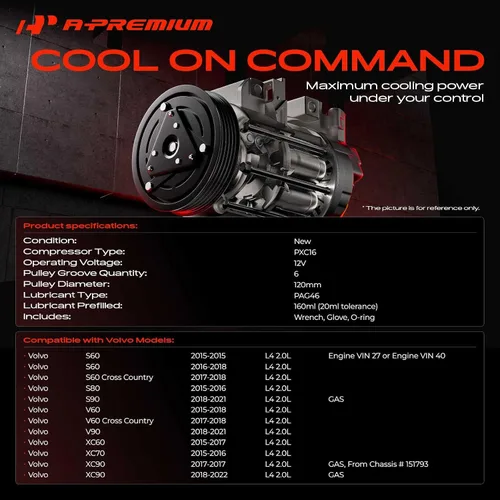 Miniatura 2 de A-Premium Compresor de CA con embrague compatible con Volvo XC60 2015-2017, XC90 2017-2019, S60 2.0L 2017-2018, XC70 2015-2016, S80 S90 V60 V90 y más
